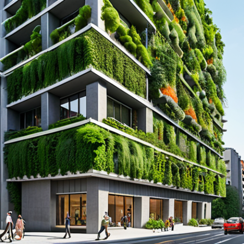 Home 4 **
A lush, green vertical forest building in an urban environment. The building's facade is covered in a variety of plants and trees, creating a vibrant oasis amidst gray concrete buildings. People are strolling nearby, some taking photos and enjoying the improved air quality. The image emphasizes the positive environmental impact, showcasing cleaner air and a cooler atmosphere around the structure. The style should be bright and optimistic, illustrating the harmony between nature and city life.
**