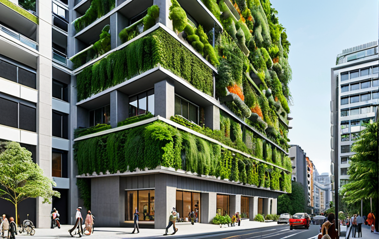 **

A lush, green vertical forest building in an urban environment. The building's facade is covered in a variety of plants and trees, creating a vibrant oasis amidst gray concrete buildings. People are strolling nearby, some taking photos and enjoying the improved air quality. The image emphasizes the positive environmental impact, showcasing cleaner air and a cooler atmosphere around the structure. The style should be bright and optimistic, illustrating the harmony between nature and city life.

**